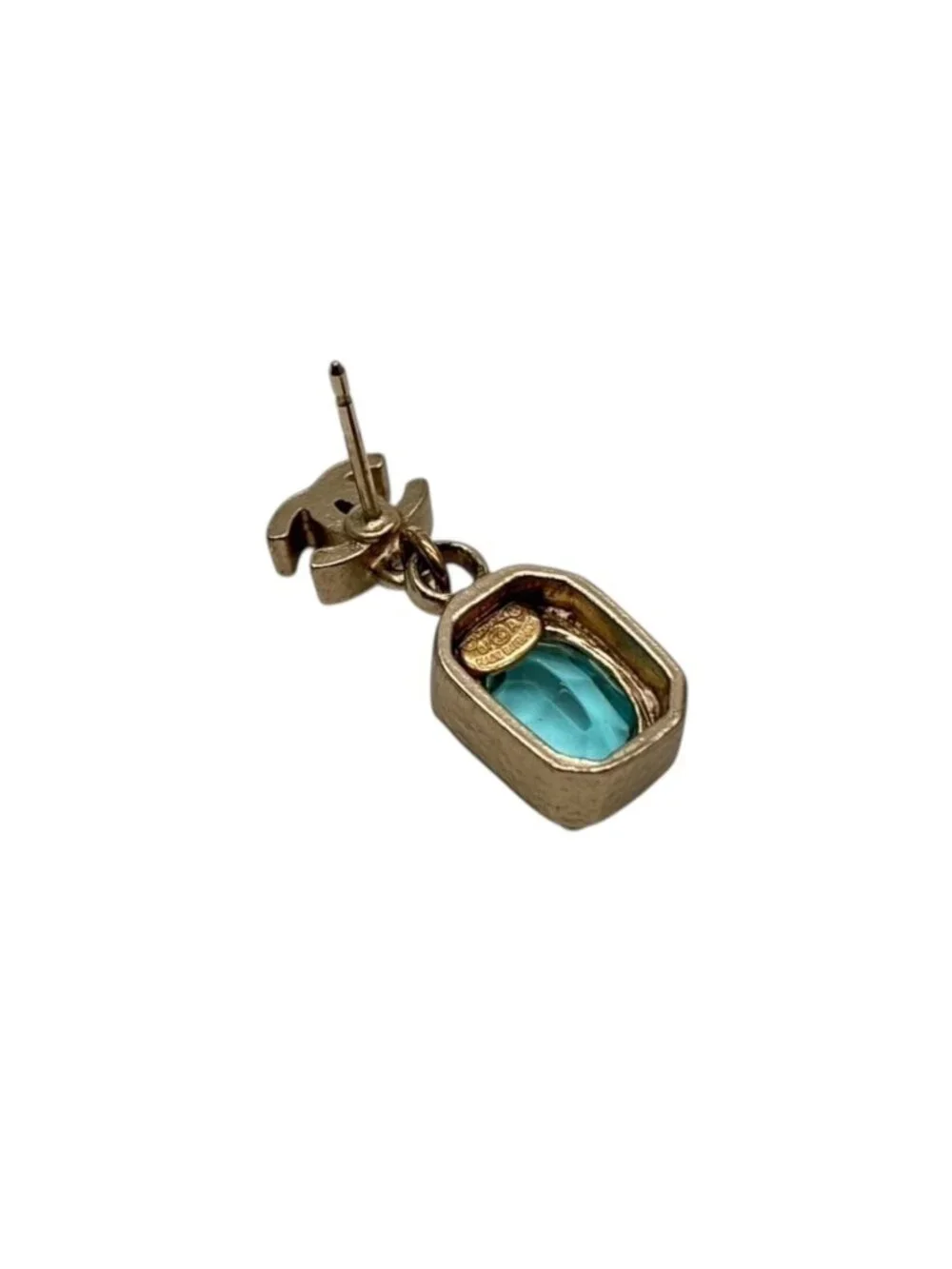 Chanel CC Logo Drop Earrings 07 Rhinestone Metal Gold Plated Blue